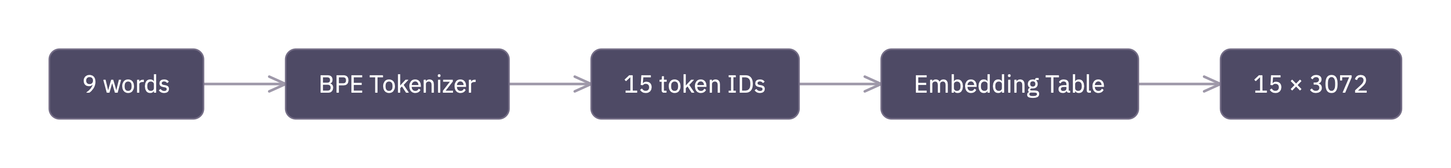 Pipeline diagram: 9 words → BPE Tokenizer → 15 token IDs → Embedding Table → 15 × 3072 matrix